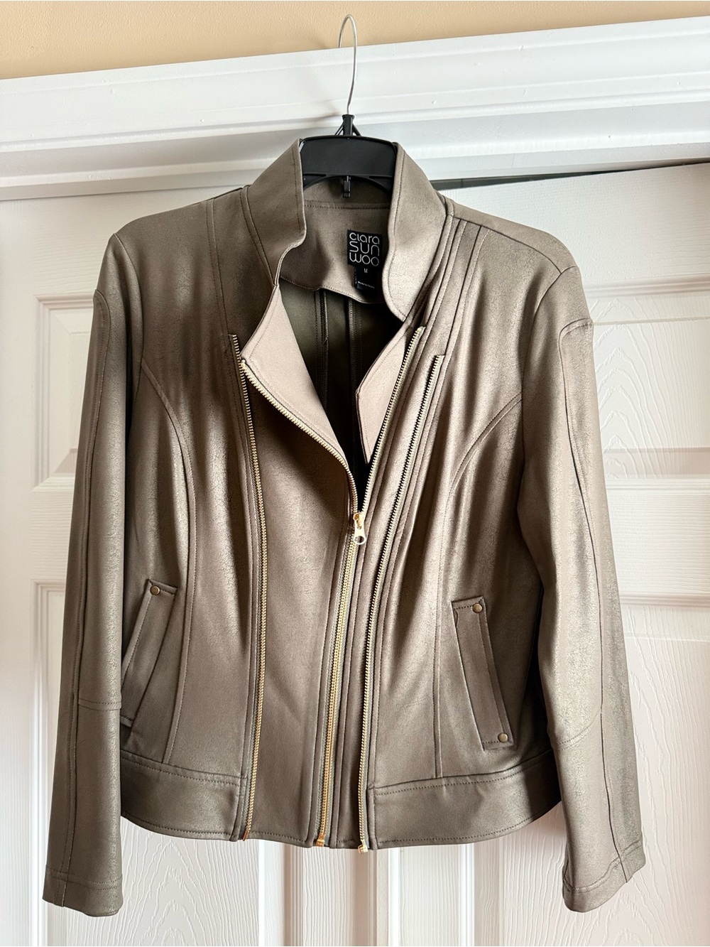 CLARA SUNWOO Olive Leather Zip-Front Liquid Leather Jacket